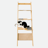 multi-story modern cat tree with accessories, beige wood